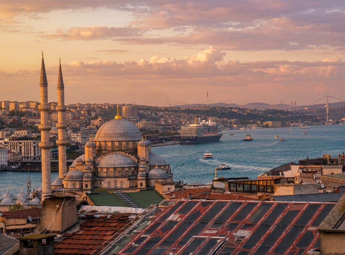 Mosque domes and minarets overlooking boats on the Bosphorus at sunset, Istanbul